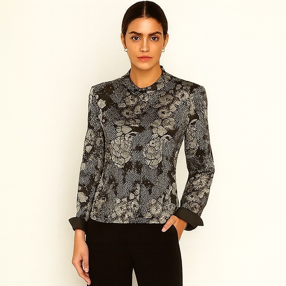 Armani Collezioni Black & Ivory Floral Print Jacket Sikk Linned– Size 8 - Picture 2 of 16